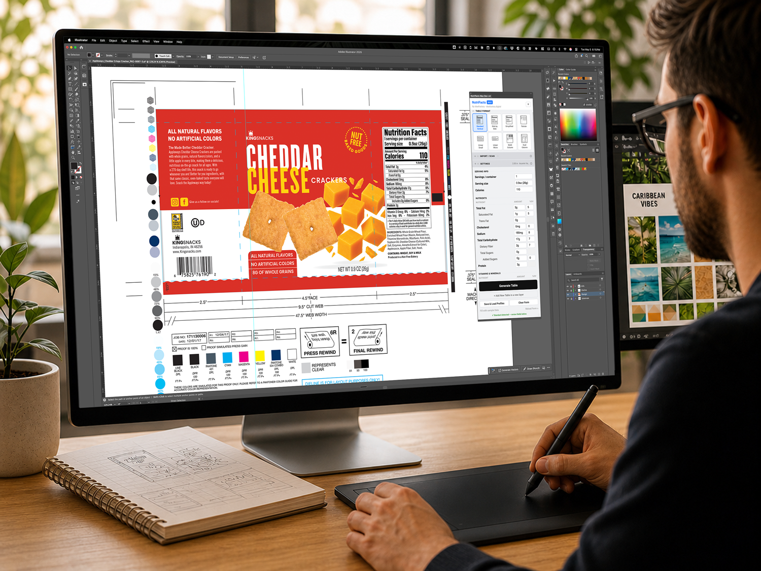 Packaging designer working in Adobe Illustrator on a Cheddar Cheese Crackers label, with the NutriFacts Max panel docked on the right.