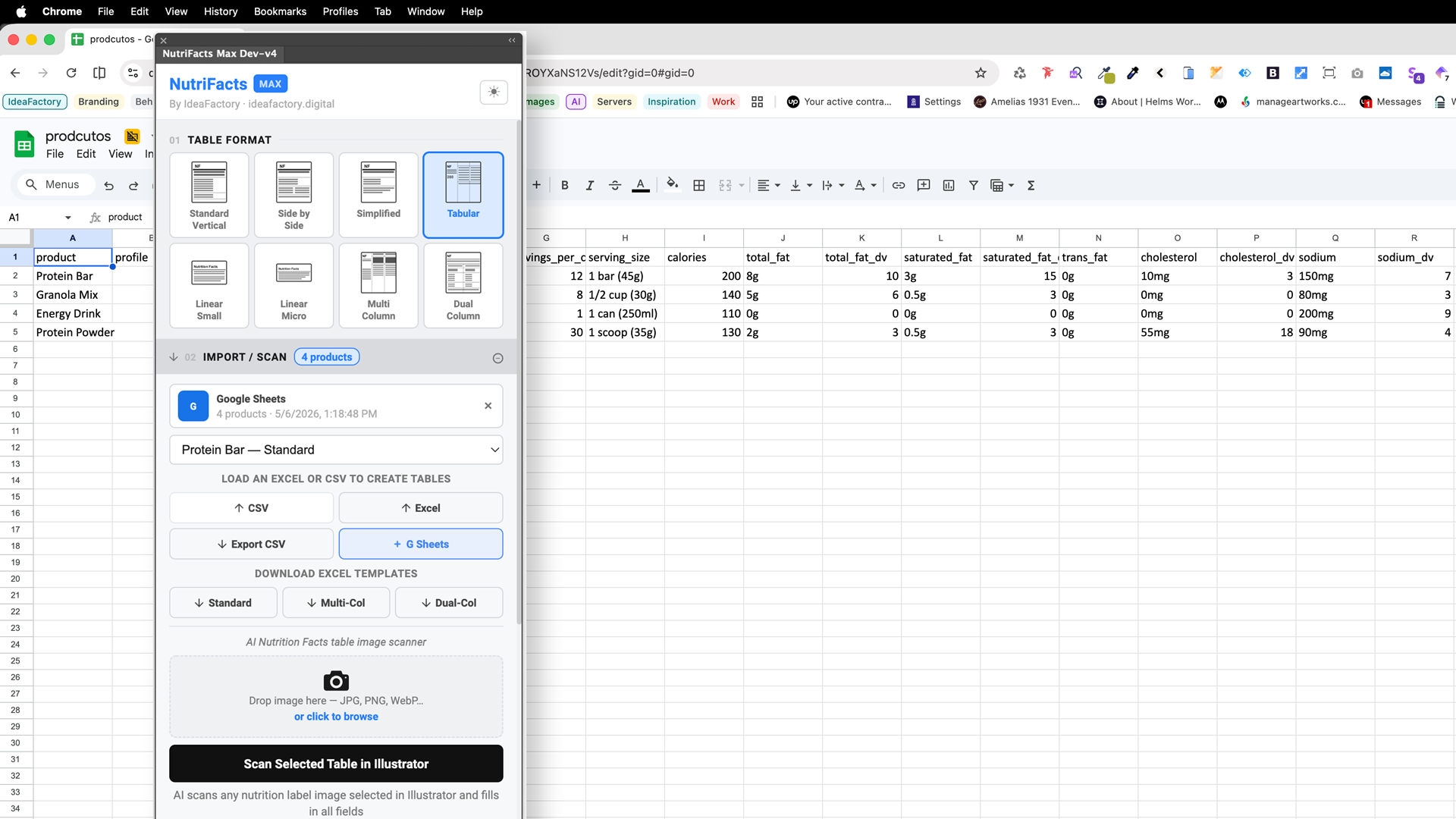NutriFacts Max panel showing Google Sheets import with 4 products loaded, alongside the source Google Sheet with product data columns.