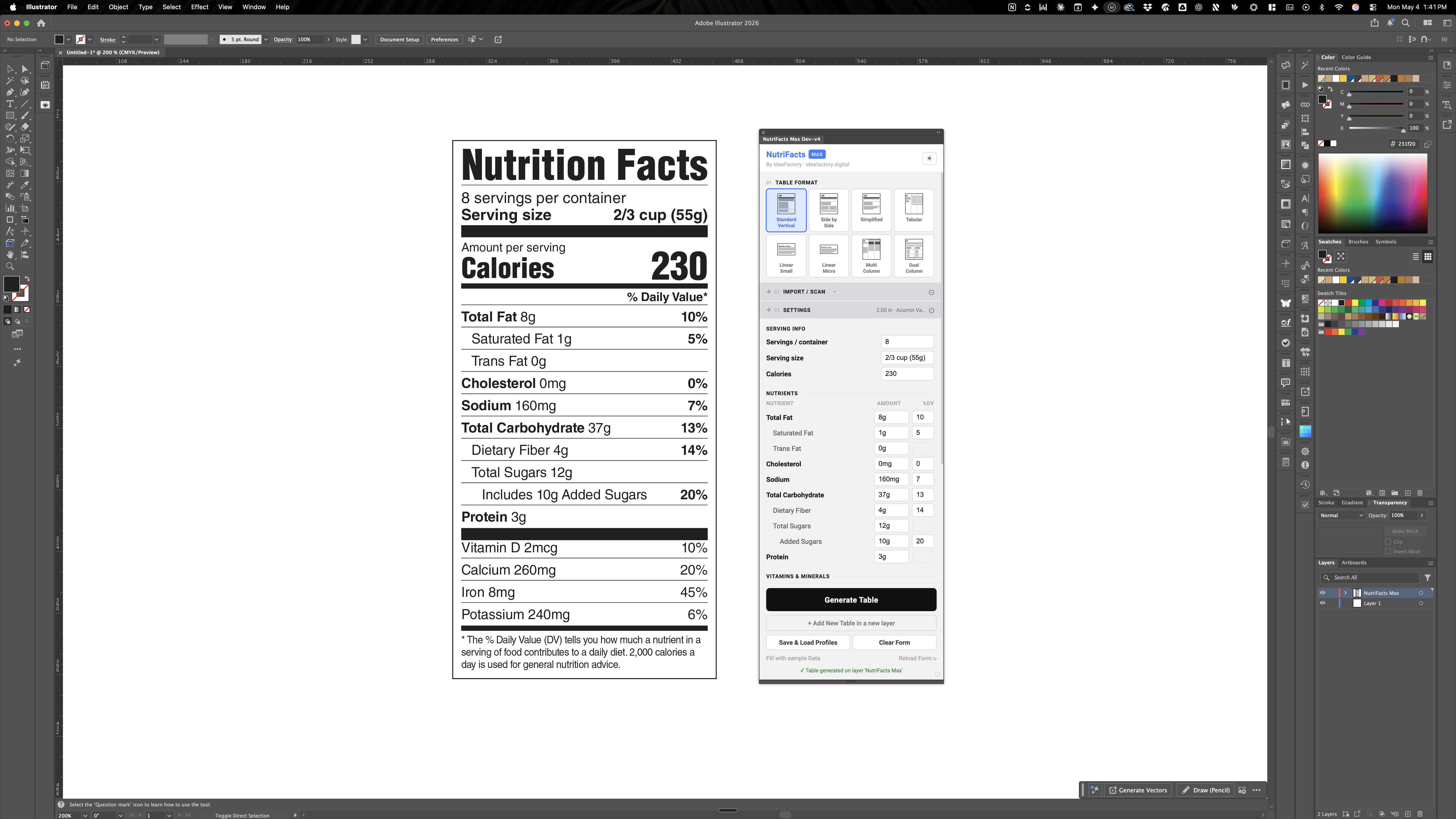 NutriFacts Max panel docked inside Adobe Illustrator, generating an FDA Nutrition Facts label on the artboard.