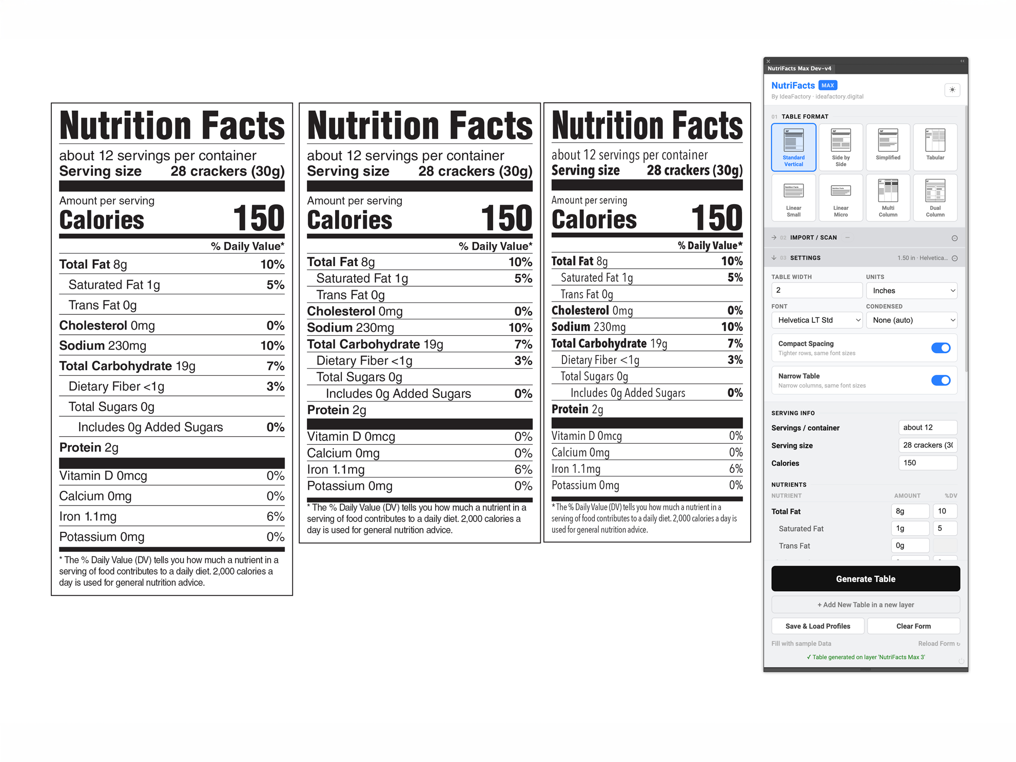 Three Nutrition Facts labels of the same product — standard, compact, and narrow density modes — alongside the NutriFacts Max settings panel showing Compact Spacing and Narrow Table toggles.